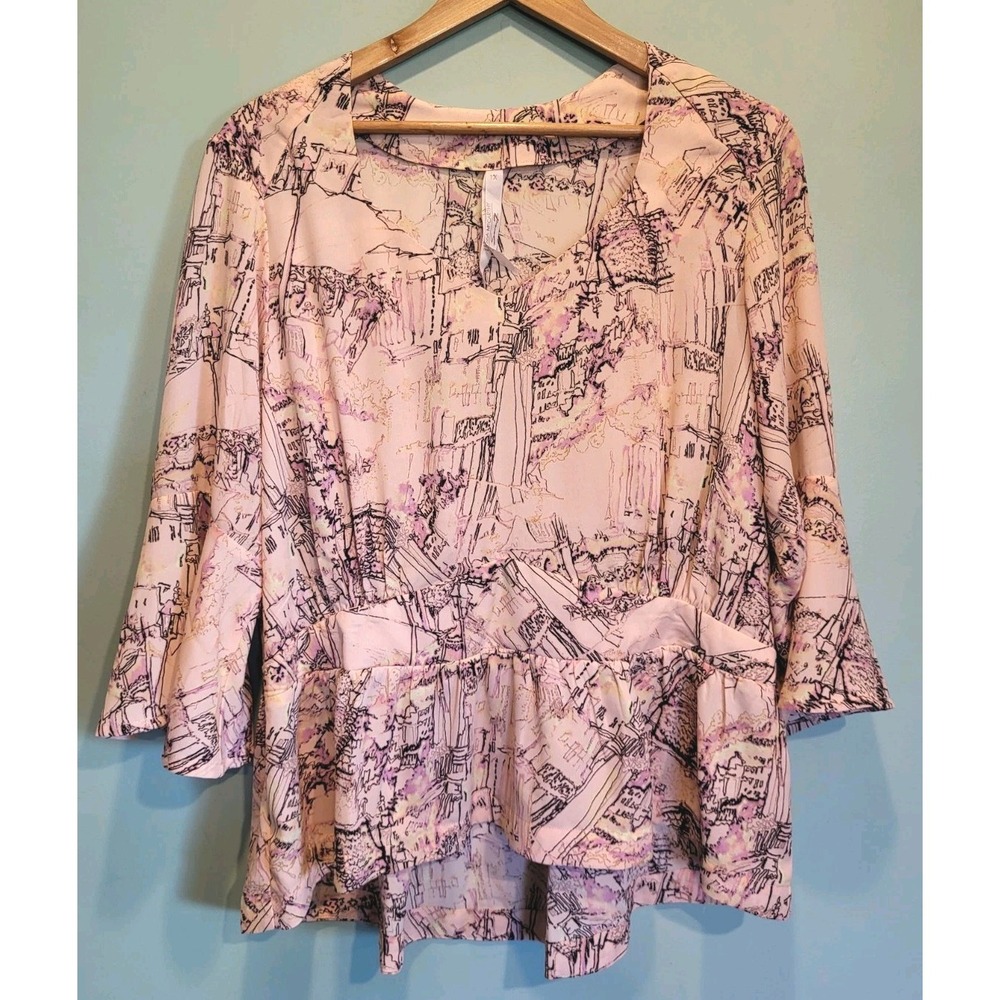 Melissa Mccarthy Seven7 Pink Abstract Cityscape 3/4 Bell Sleeve Peplum Blouse 1X